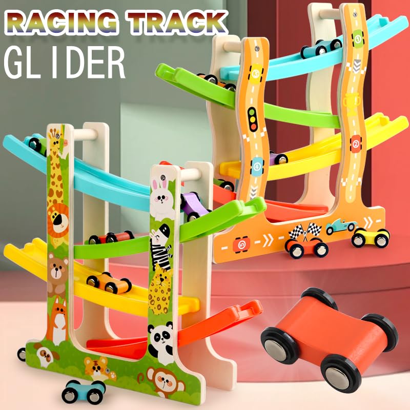 TUYFKDS wooden race set with 8 mini cars boosts color recognition and sequencing fun.