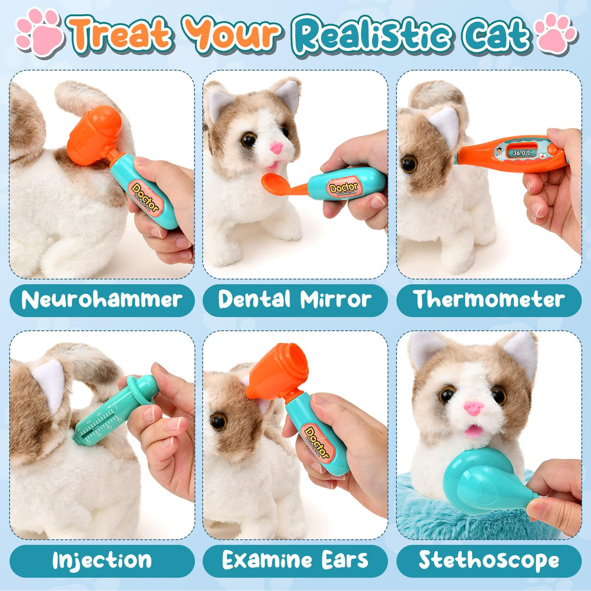 TUZT Cat Vet Playset medical tools to build fine motor skills during pretend checks.