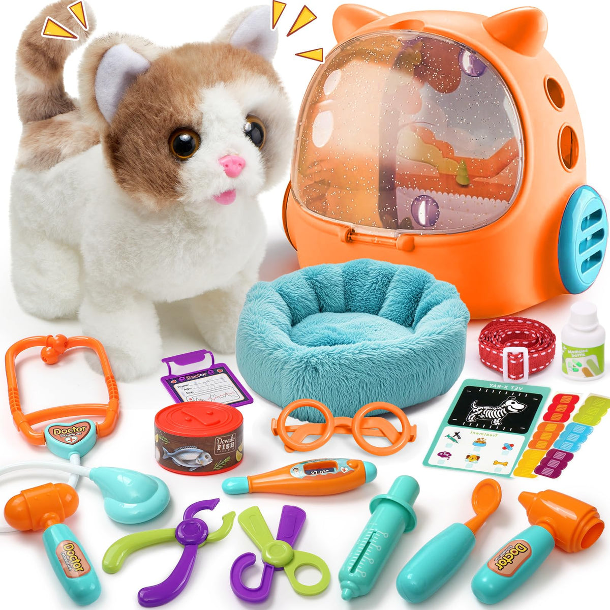 TUZT Cat Vet Playset walking cat for imaginative play, encouraging storytelling and caregiving skills.
