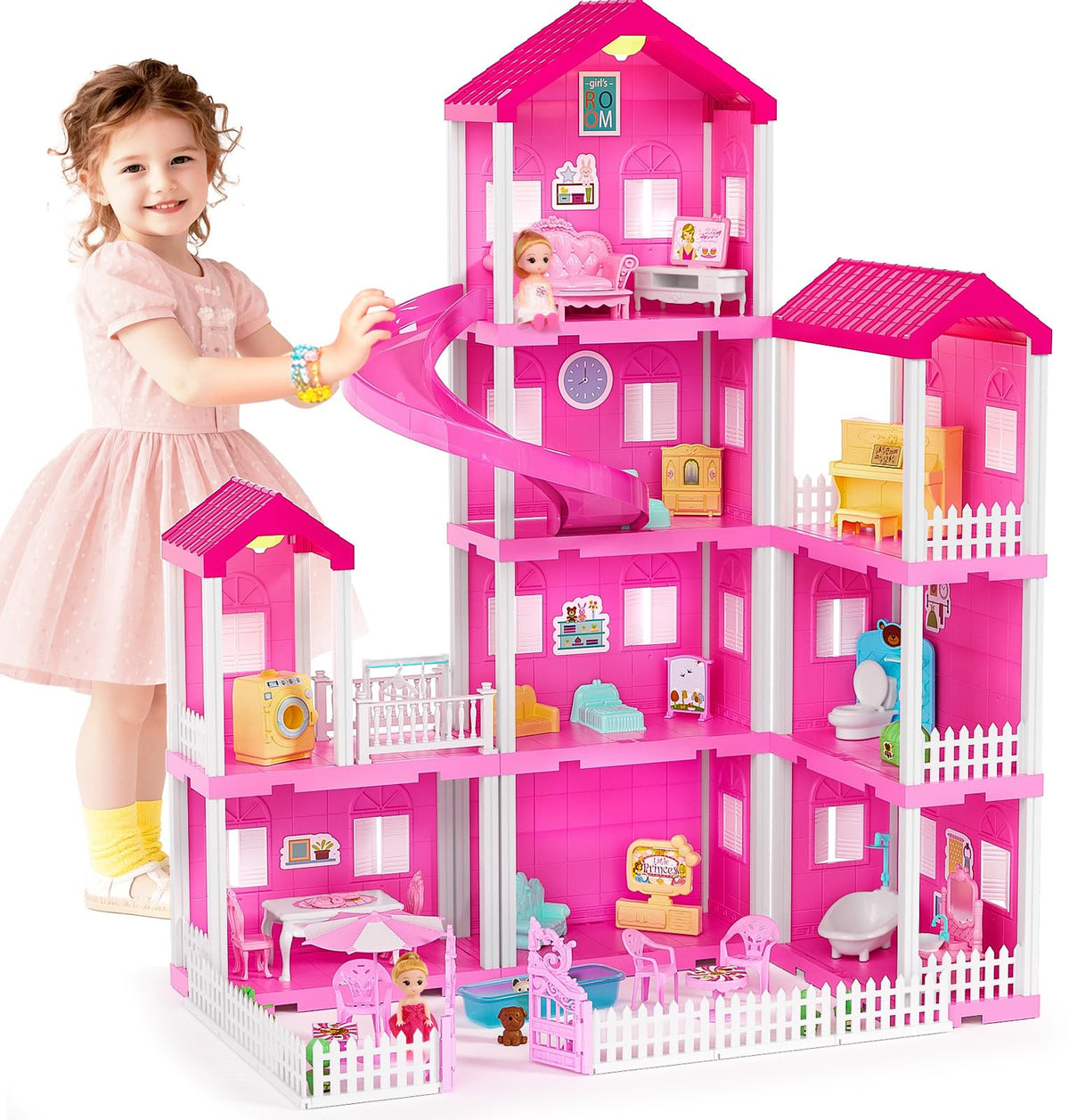 TUZT four-story doll house with pool and slide, inspiring imaginative play and storytelling.
