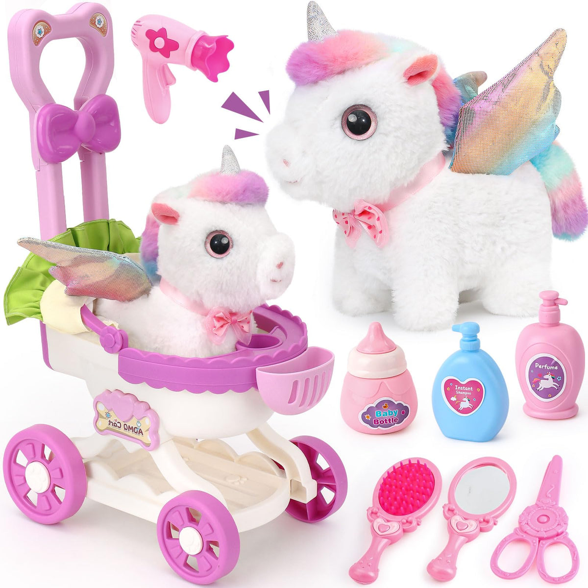 TUZT girl walking unicorn stroller front view for imaginative play and easy maneuverability