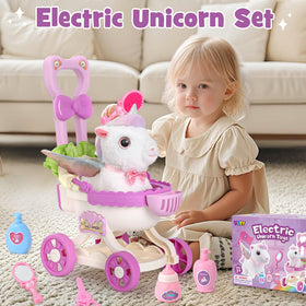 TUZT girl walking unicorn stroller side view showing sun canopy for weather-ready pretend play