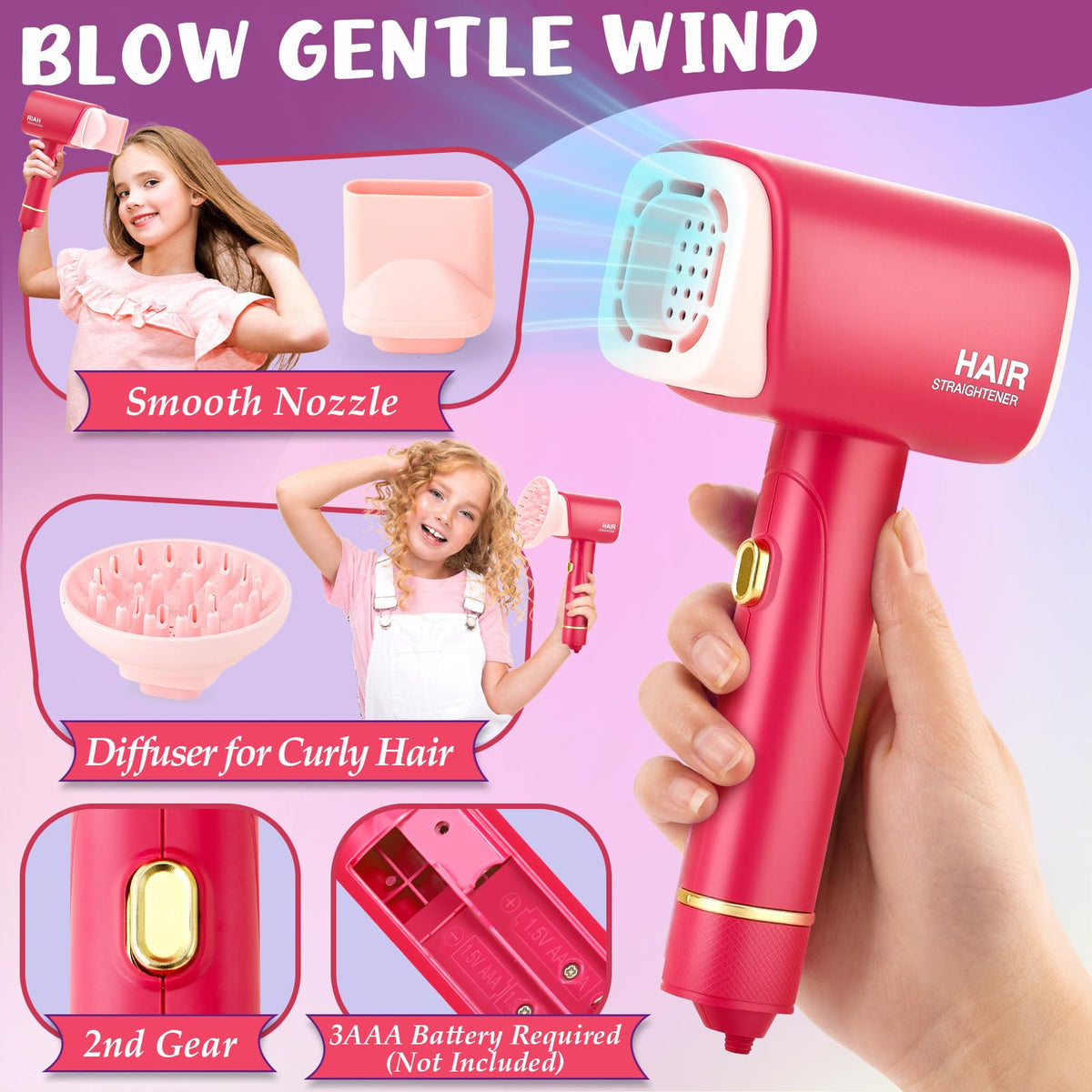 TUZT Hair dryer with lights and sounds for authentic salon play.