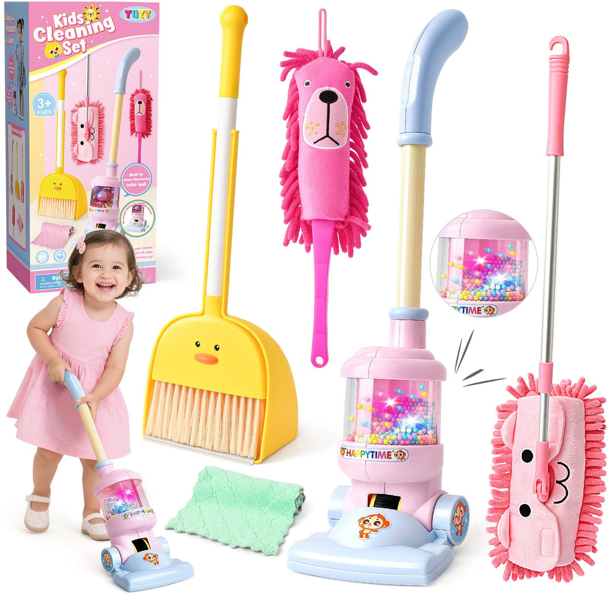 TUZT Kids Cleaning Vacuum with lights and sounds for pretend play and learning.