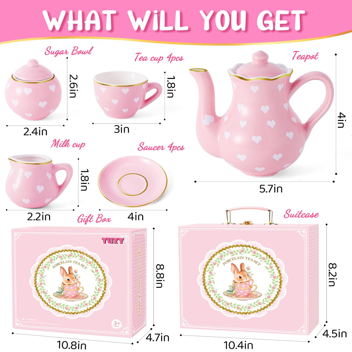 TUZT four pink cups and saucers with gold trim for elegant pretend tea