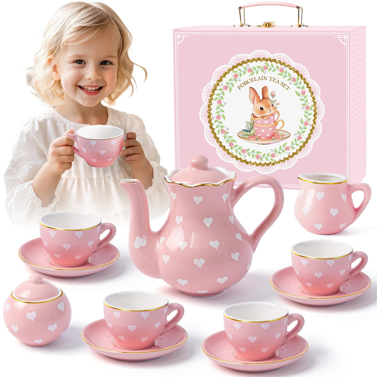 TUZT pink heart teapot with lid for imaginative princess tea parties
