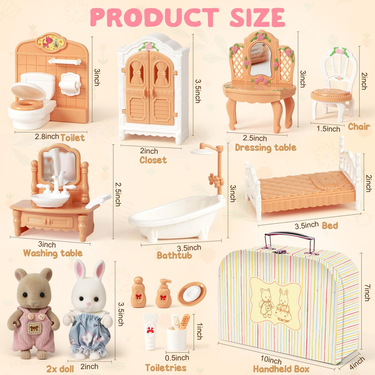 TUZT suitcase dollhouse bathroom accessories for realistic pretend baths and cleanup