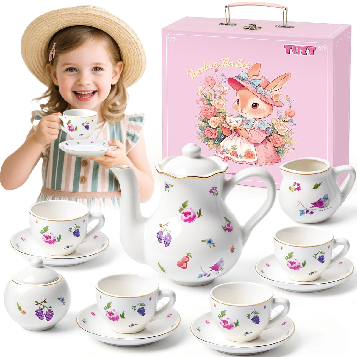 TUZT Tea Party teapot with lid featuring floral patterns for delightful pretend tea