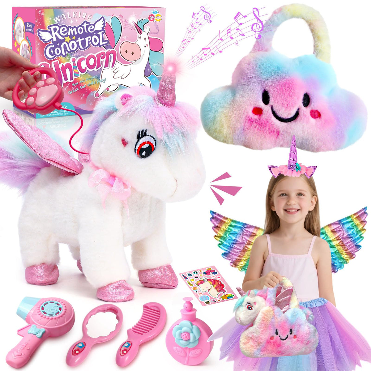 TUZT walking talking unicorn toy with remote for interactive pretend play sessions.