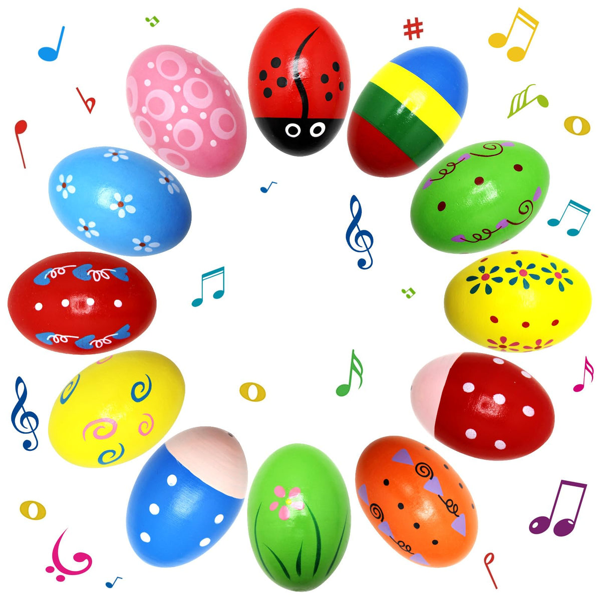 Tuzuaol wooden egg shakers 12-pack with colorful designs for early rhythm learning