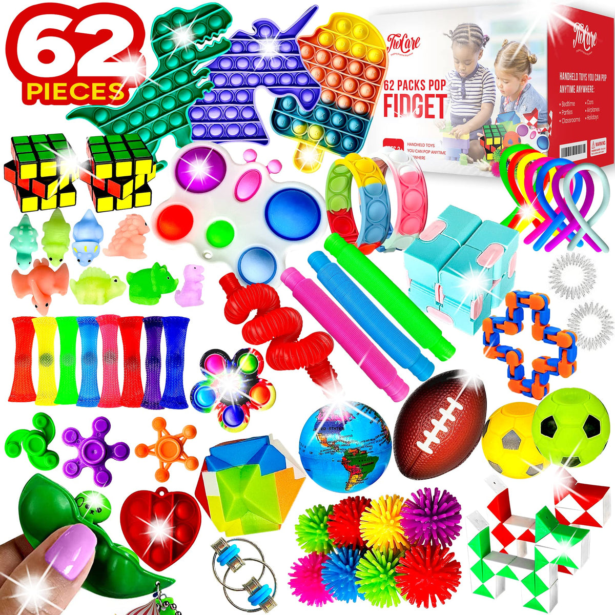 TwCare 62-pack fidget toys set packaging showing variety for parties and classrooms