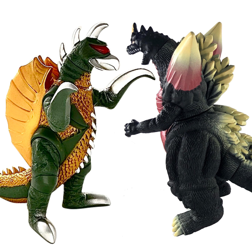 TwCare SpaceGodzilla disosaur duo figures on display ready for action.