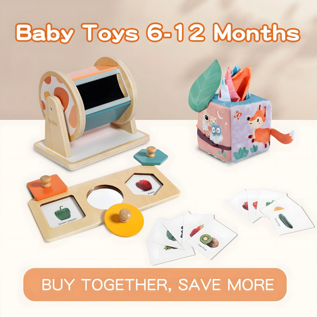 Twefex baby tissue box toy invites grabbing and reinsert actions for tactile exploration.