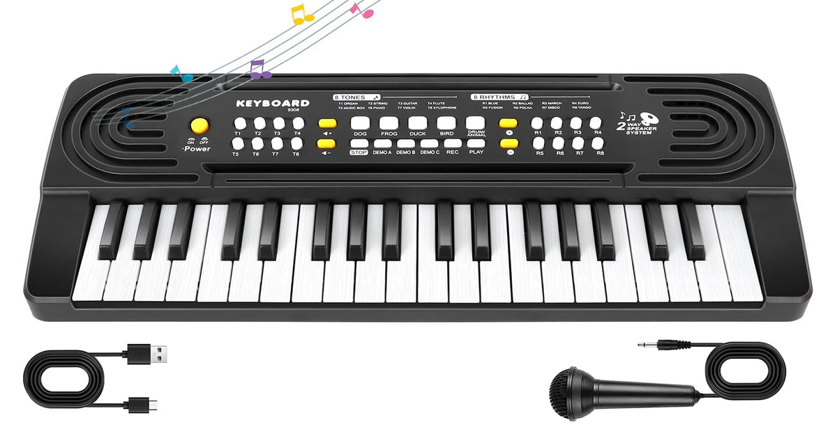 TWFRIC kids 37-key toy piano front view in black, portable music exploration