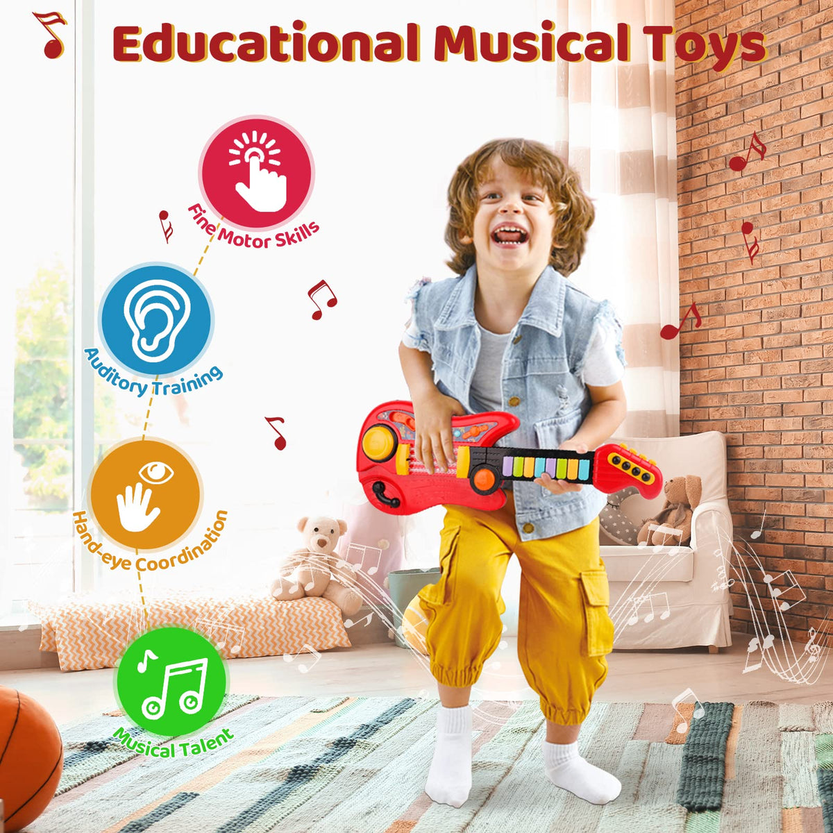 TWFRIC Kids Guitar 2-in-1 red electric-guitar sounds for pretend play.