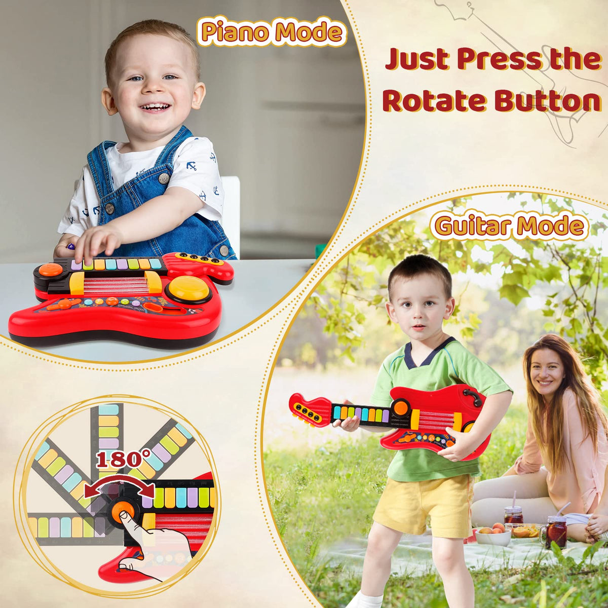 TWFRIC Kids Guitar 2-in-1 red piano-mode for creative early play.
