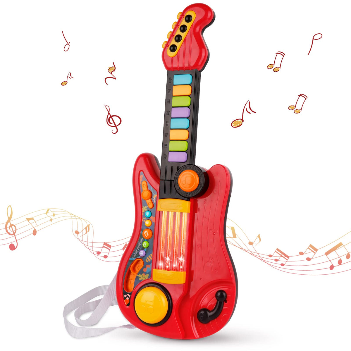 TWFRIC Kids Guitar 2-in-1 red toy with interactive lights for toddlers.