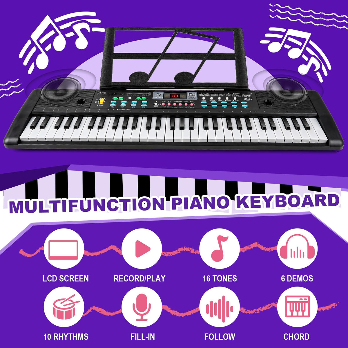 TWFRIC Kids Keyboard Piano 61 Keys Battery and power options for flexible use.