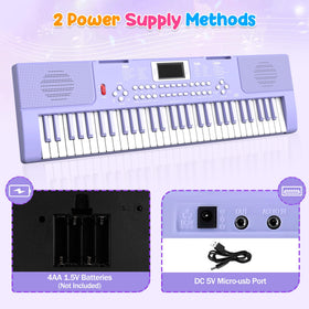TWFRIC kids piano includes microphone, sheet stand, and cables