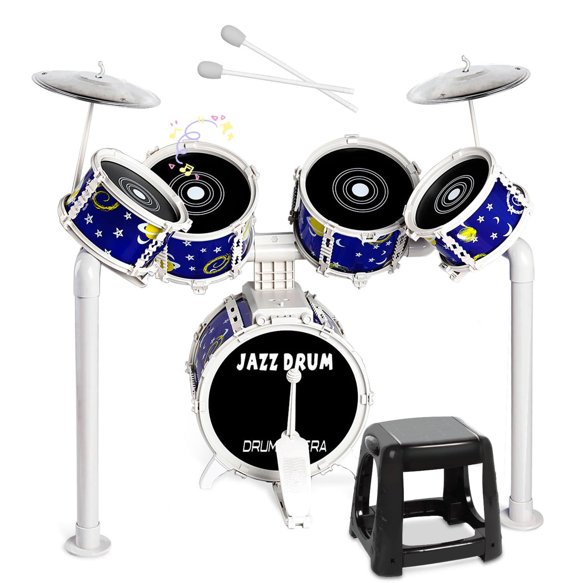 TWFRIC toy drum set with five drums on a stable stand for confident play
