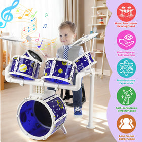 TWFRIC toy drum kit sits ready on included stool for comfortable seating
