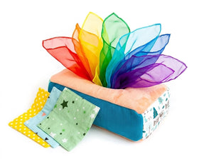 Twiddler Toys Baby Tissue Box Toy with soft plush tissue box and weighted bottom for stable play.