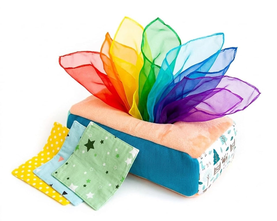 Twiddler Toys Baby Tissue Box Toy with soft plush tissue box and weighted bottom for stable play.