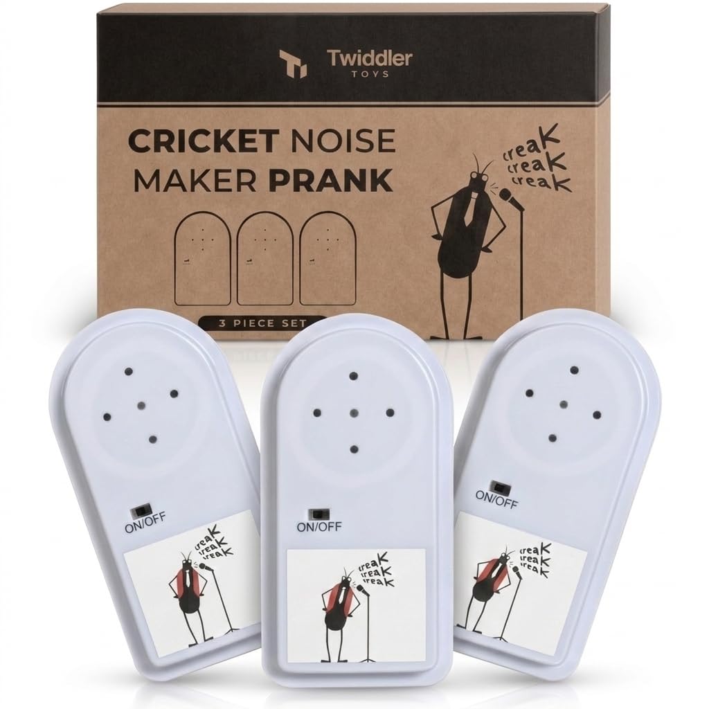 Twiddler Toys cricket noise maker prank set showing three devices for spontaneous office laughs.