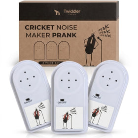 Twiddler Toys cricket noise maker prank set showing three devices for spontaneous office laughs.
