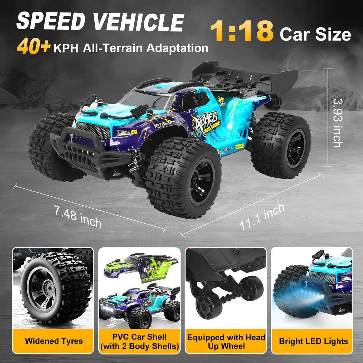 TWIKOMI 1:18 scale off-road truck side view showing 4WD traction.