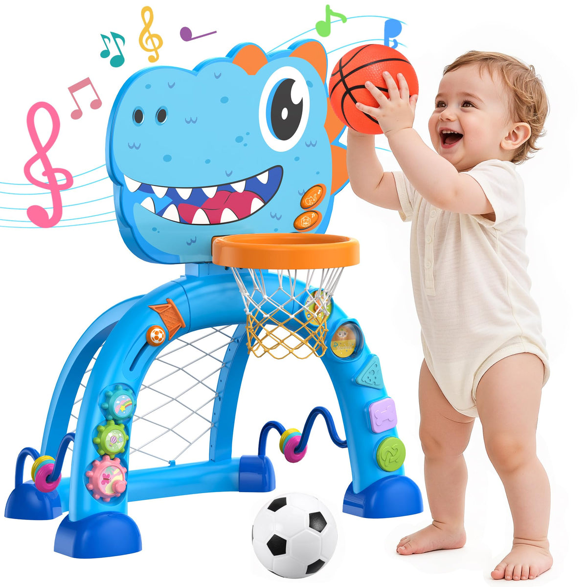 Twinkoo dinosaur basketball hoop blue enhances motor skills with engaging sounds