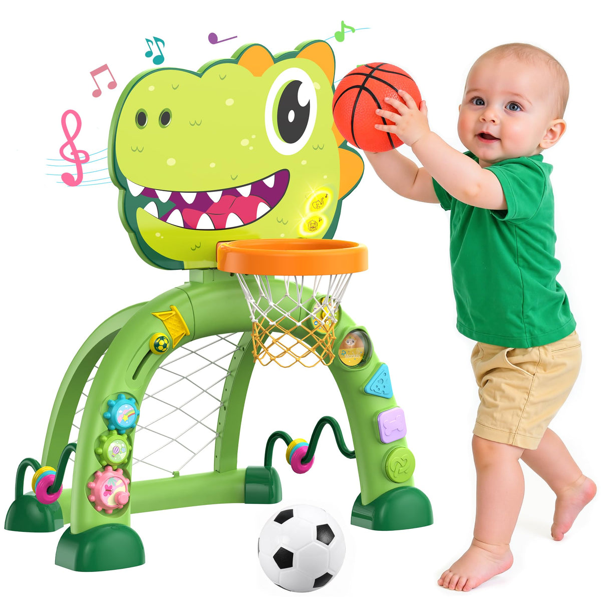 Twinkoo Dinosaur Hoop basketball shot boosts hand-eye coordination during active play.