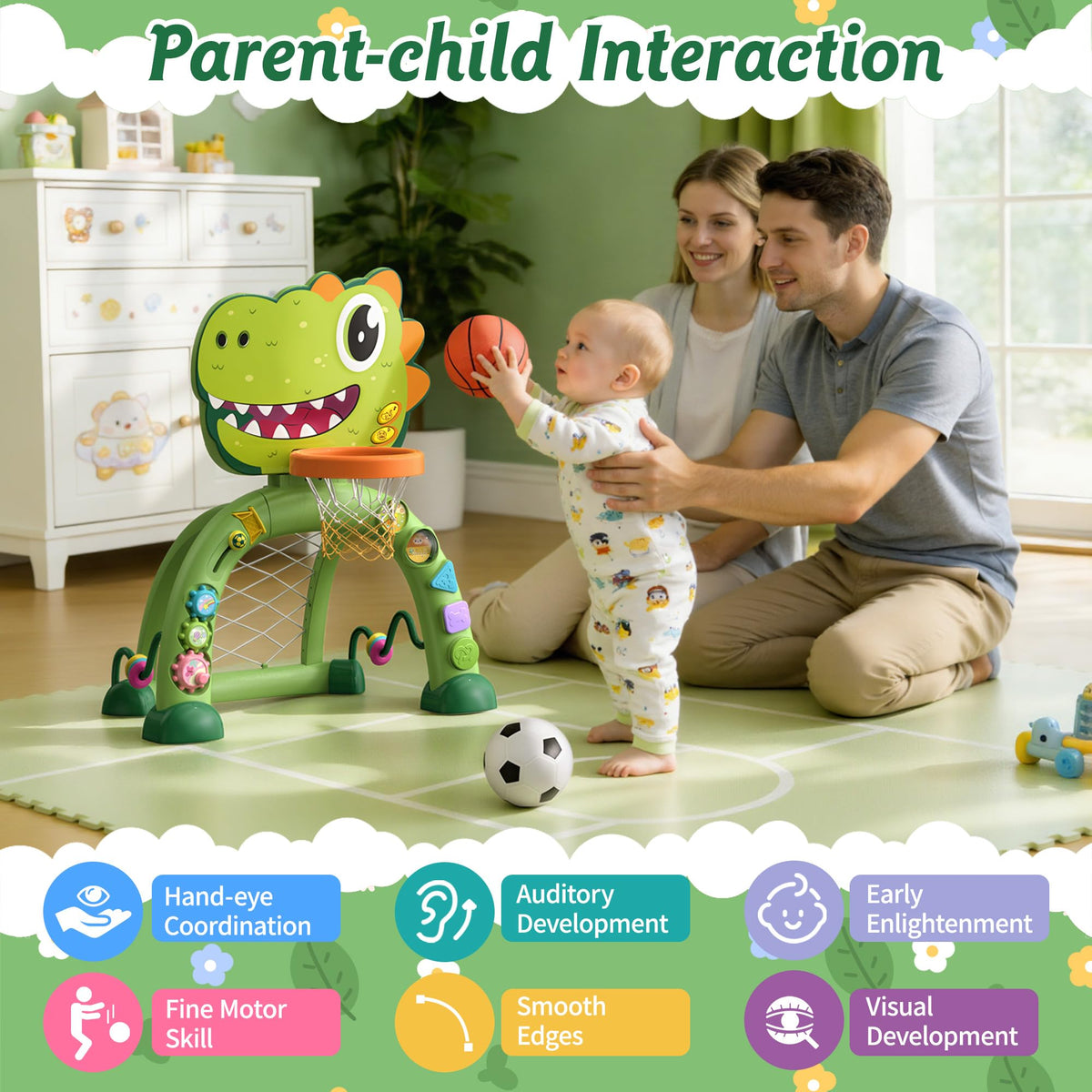 Twinkoo Dinosaur Hoop converts to a soccer goal for versatile toddler sports indoors.