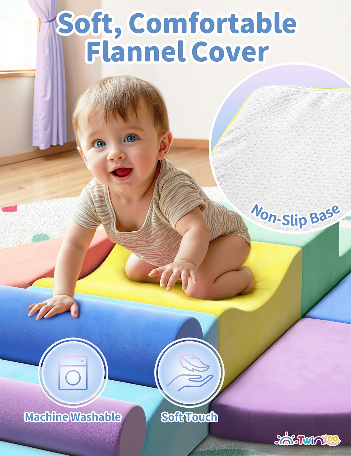 Twinkoo blocks with removable washable covers for easy cleaning and hygiene.