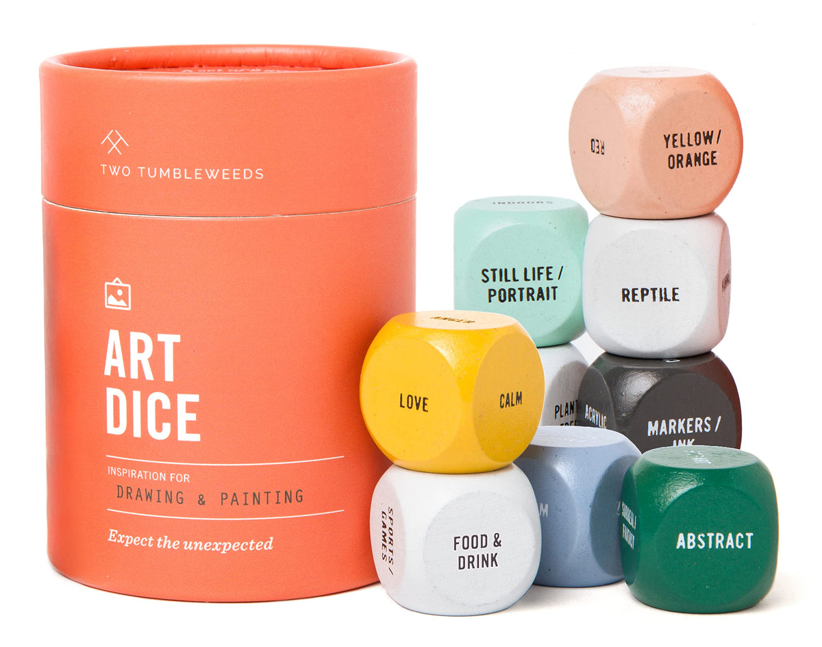 Two Tumbleweeds Art Dice color-coded wooden dice spark drawing prompts.
