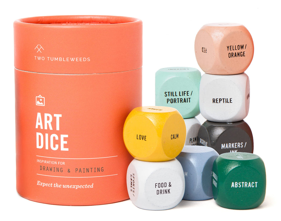 Two Tumbleweeds Art Dice color-coded wooden dice spark drawing prompts.