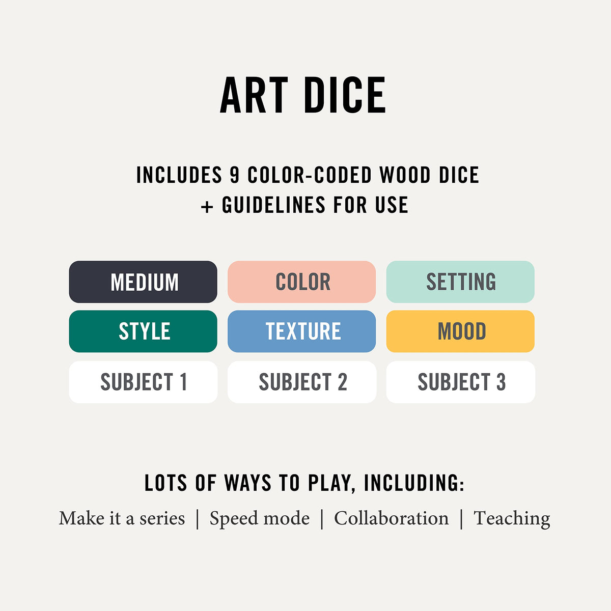 Two Tumbleweeds Art Dice display drawing prompts to spark ideas.