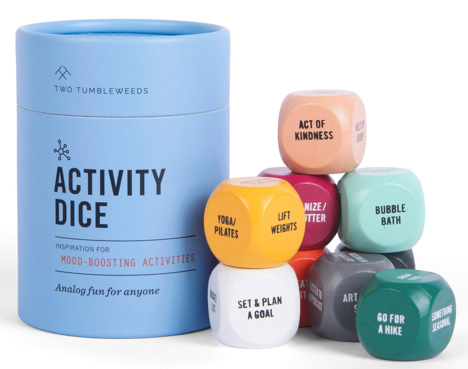 Two Tumbleweeds mood dice color-coded set for grounding prompts.