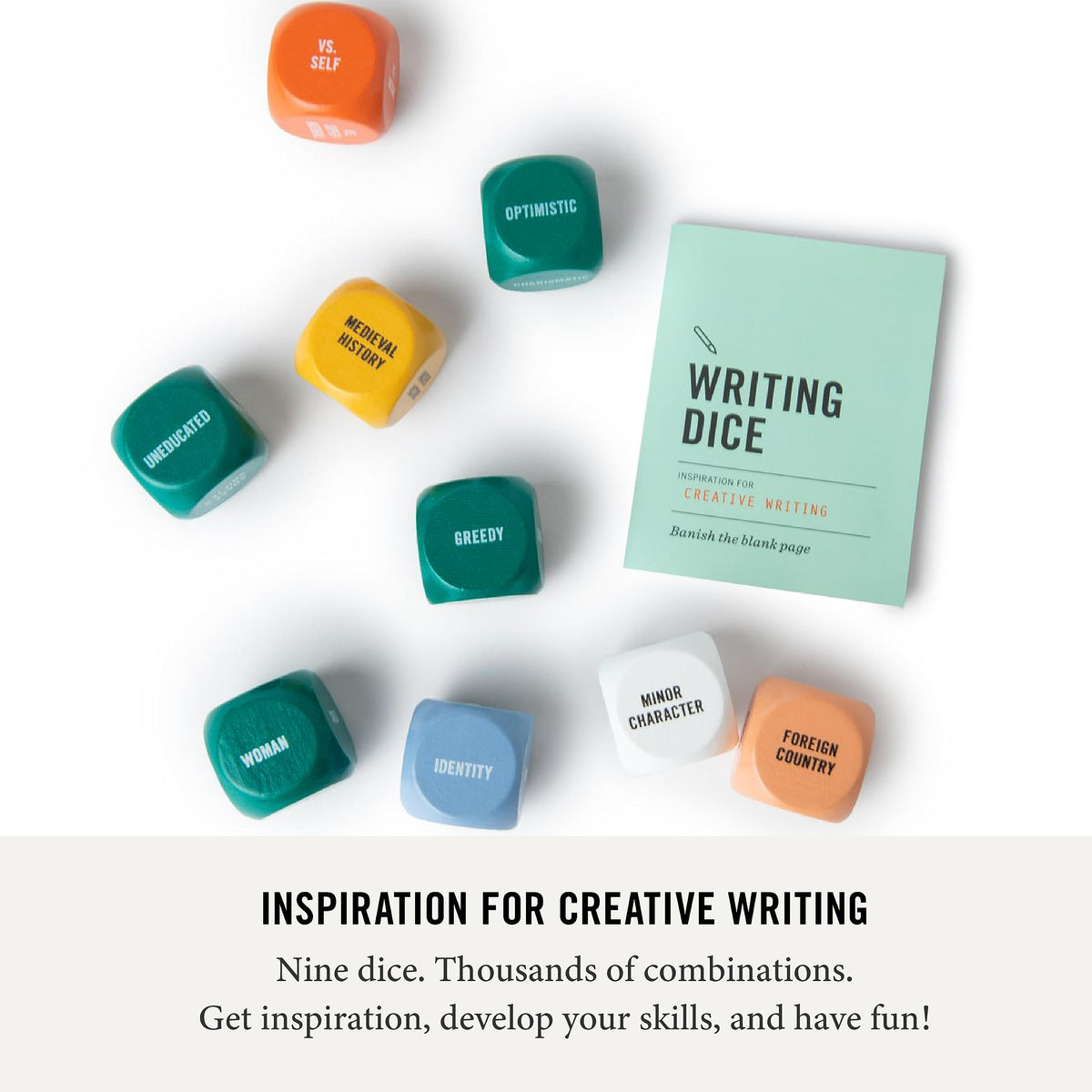 Two Tumbleweeds Writing Dice wood dice color-coded for quick brainstorming prompts.