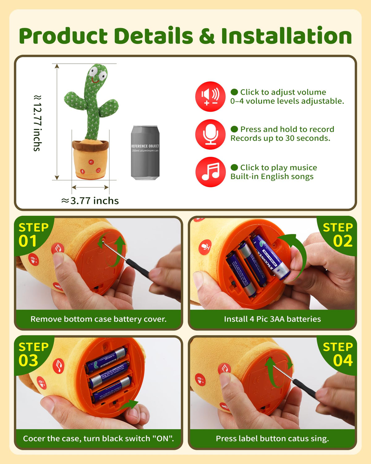 TWORIVER cactus toy operating steps showing battery setup and use