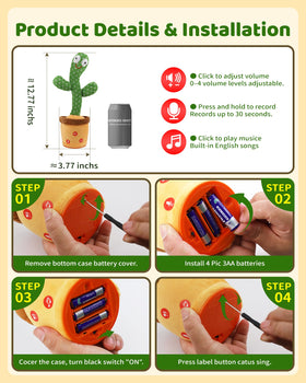 TWORIVER cactus toy operating steps showing battery setup and use