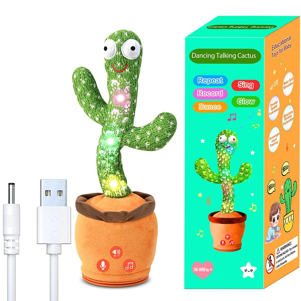 TWORIVER Rechargeable Dancing Cactus toy unboxing showing inviting plush design for babies
