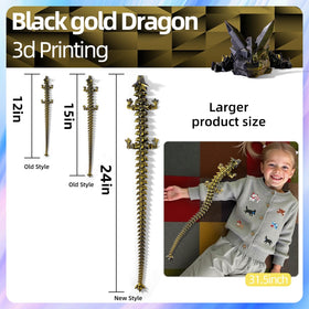 TXB3DOK 3D-printed dragon close-up highlighting crisp textures and black-gold color.