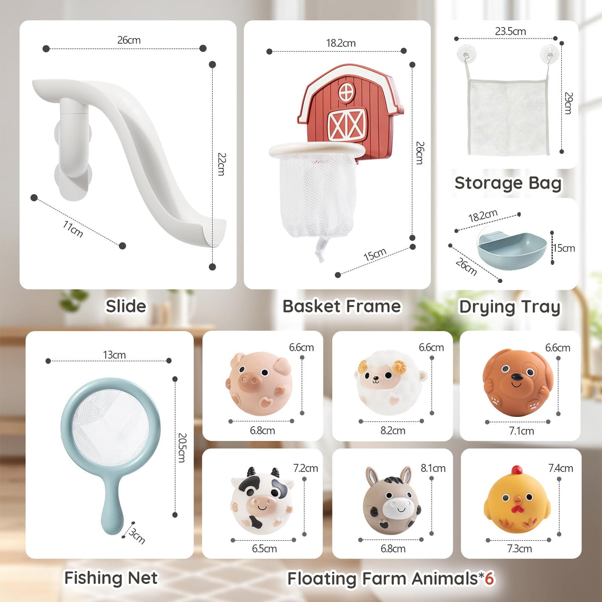 TXTLDB No-Hole Farm Bath Toy 6 Animal Figures stay dry between uses