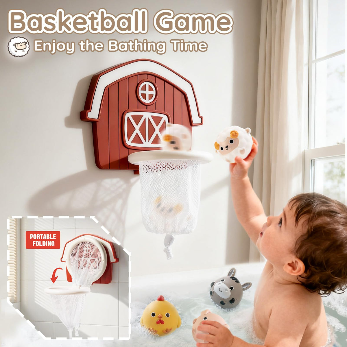 TXTLDB No-Hole Farm Bath Toy Hoop attached to tub wall for aiming