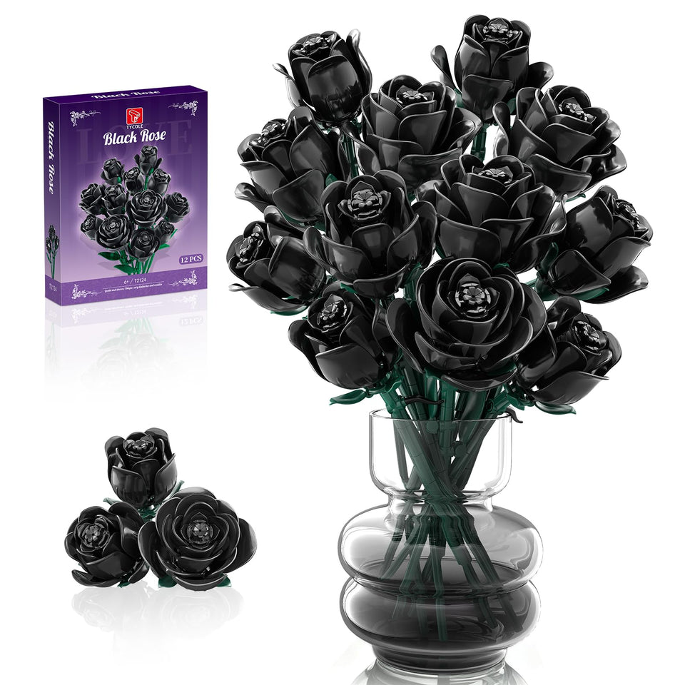 TYCOLE Black rose bouquet with 12 roses, durable no-fade decor for gothic spaces.