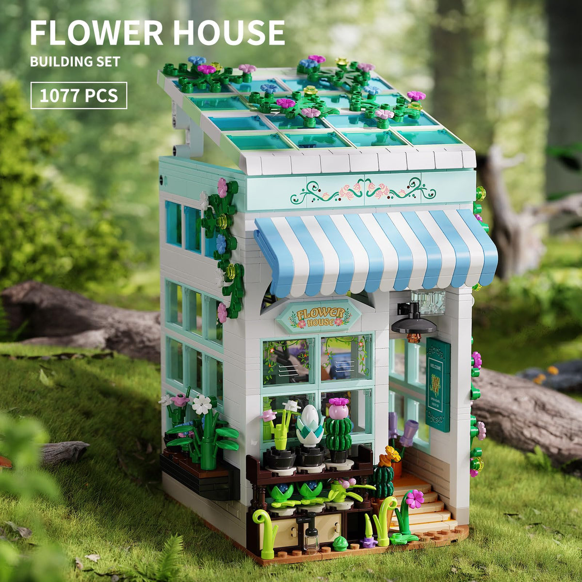 TYCOLE Flower House greenhouse first floor showcases blooming plants and mini furniture.