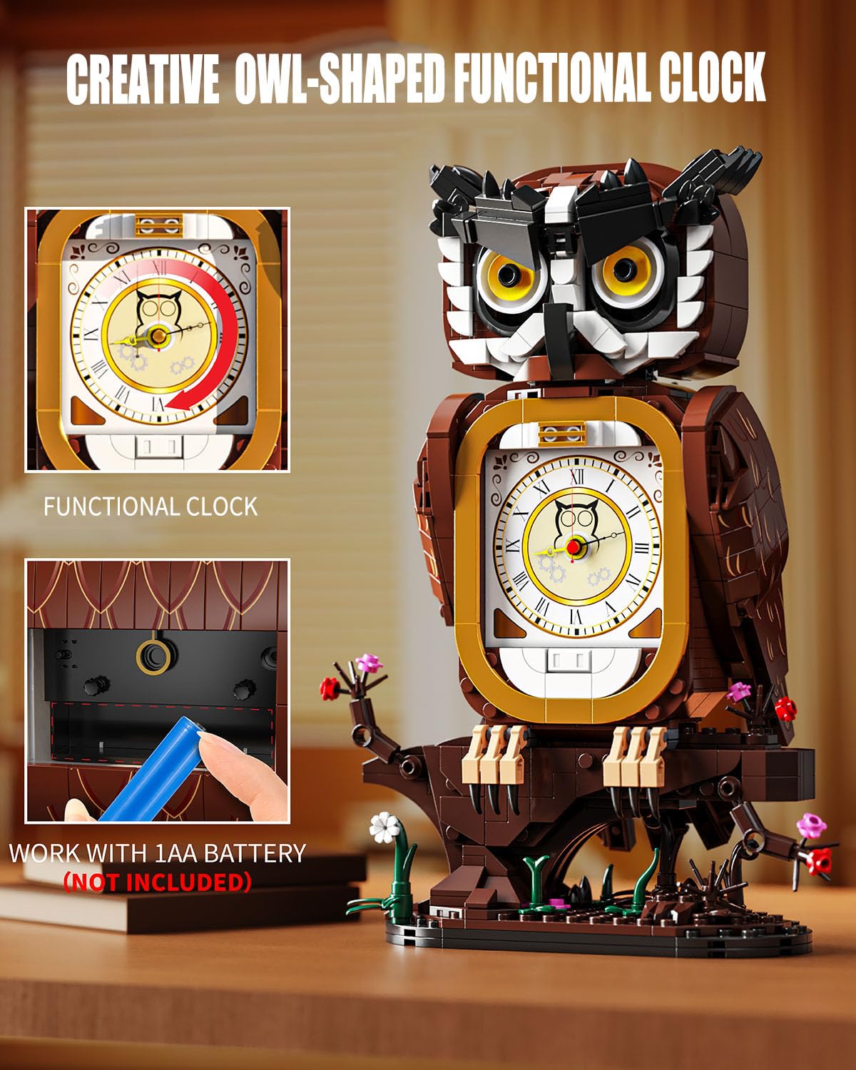 TYCOLE Owl Clock Building Set display base on tree-stump adds woodland charm.