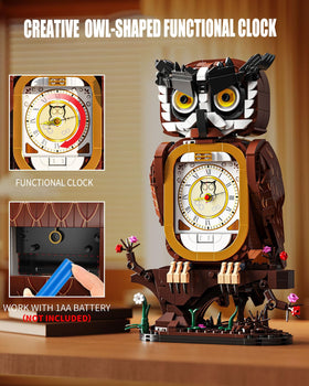 TYCOLE Owl Clock Building Set display base on tree-stump adds woodland charm.