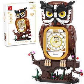 TYCOLE Owl Clock Building Set front view shows elegant golden frame and lifelike owl for desk decor.